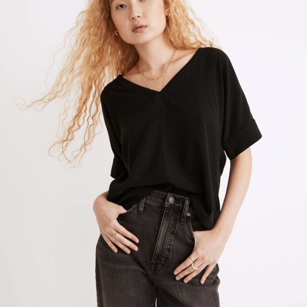 Madewell V-Neck Dolman-Sleeve Top in True Black, Extra Small